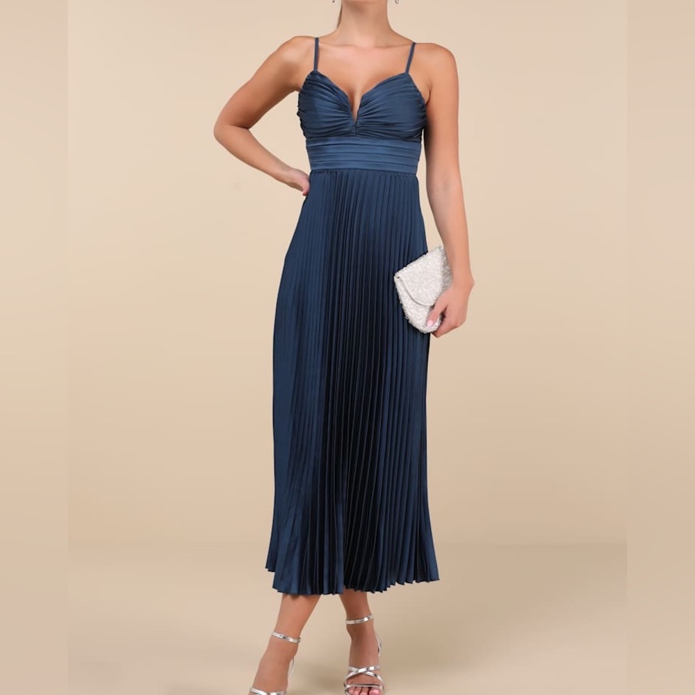 Lulus Fabulous Perfection Navy Blue Satin Pleated Midi Dress